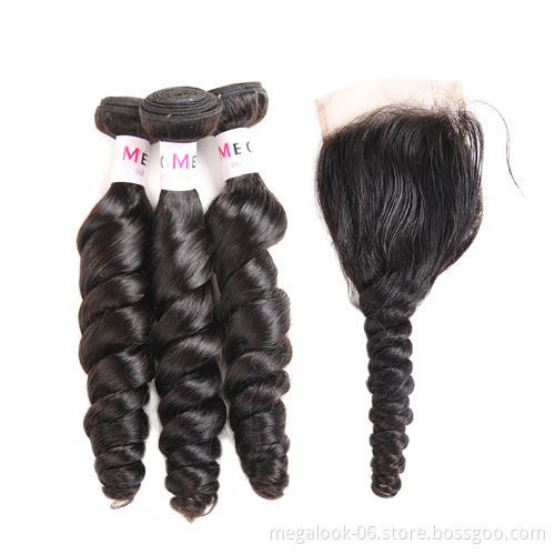 Megalook Hair Discounts Wholesale Natural Color Unprocessed Virgin Remy Double Loose Wave Peruvian Bundles With Closure